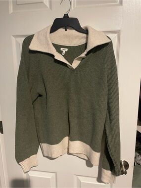 aerie Olive Green and Cream Collared Knit Sweater